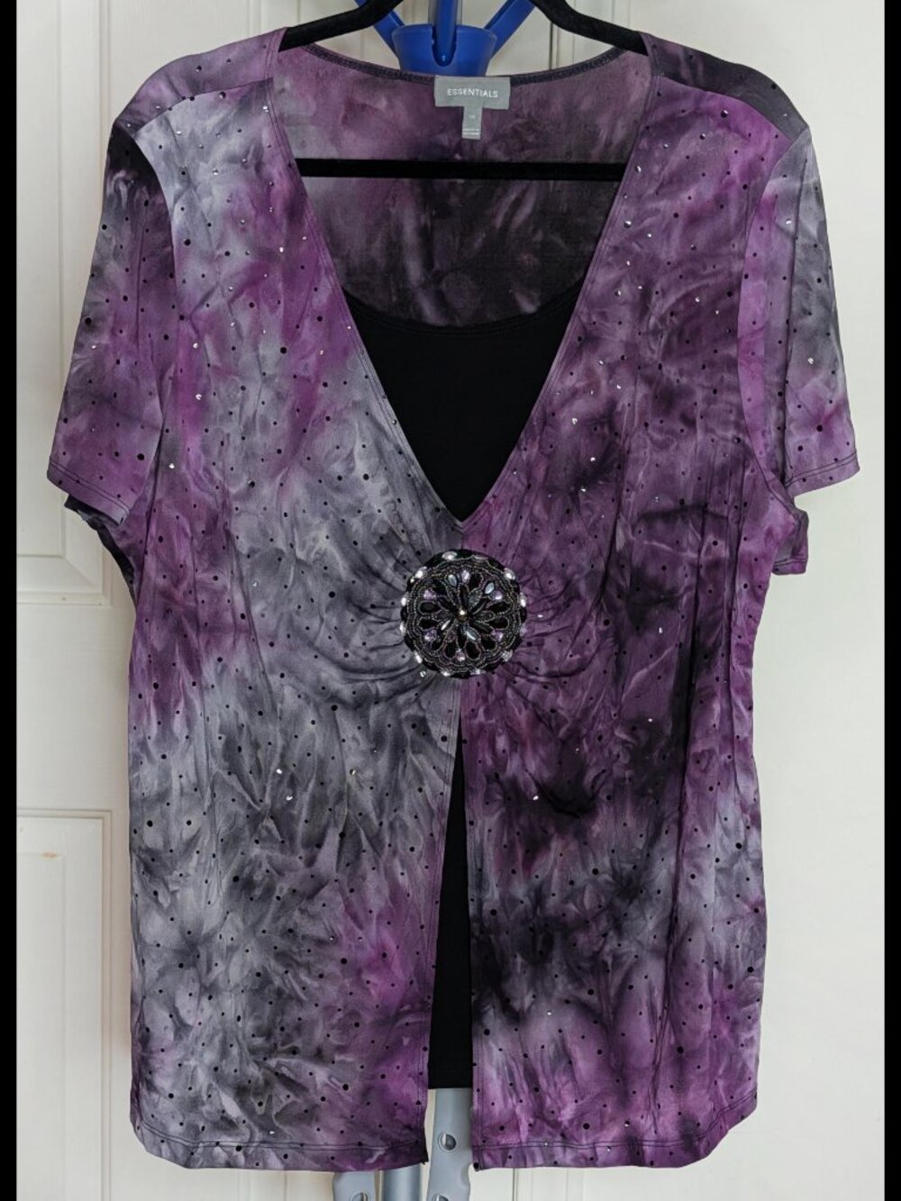 Wow CATHERINES ESSENTIALS 1X Purple & Gray Stretch Blingy Short Sleeve Blouse